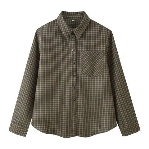 Camicia A Quadri Da Donna Manica Lunga Poliestere Camicetta Bottoni Revers Spalline Casual Moda Top Con Taschino