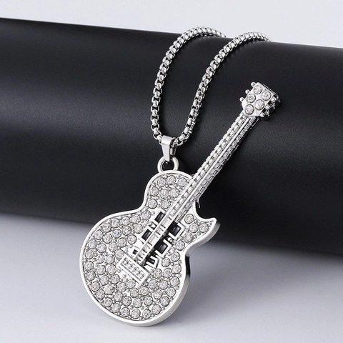 Hip Hop Guitar Pendant Necklace Rhinestone Alloy Titanium Steel Long Chain Music Rock Jewelry For Men Women