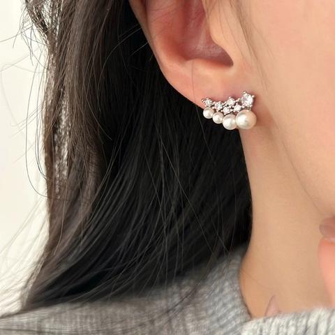 Arc Artificial Pearl Ear Studs With Zircon And Silver Earring Post Elegant Versatile Lightweight Luxury Fashion Jewelry For Women