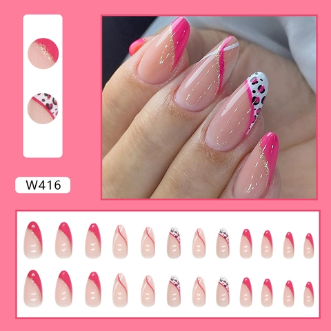 Press On Nails Rozerood Frans Luipaard Print Goud Glitter Lijn Amandel Kunstnagels Zoet Ins Stijl Vrouwen