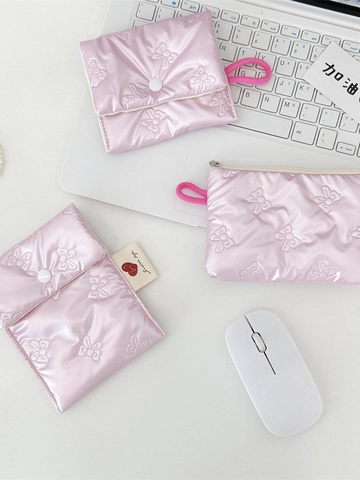 Borsa Trucco Trapuntata Con Fiocco Satén Portatile Pochette Cosmetici Portamonete Per Archiviazione Viaggio Stile Ins