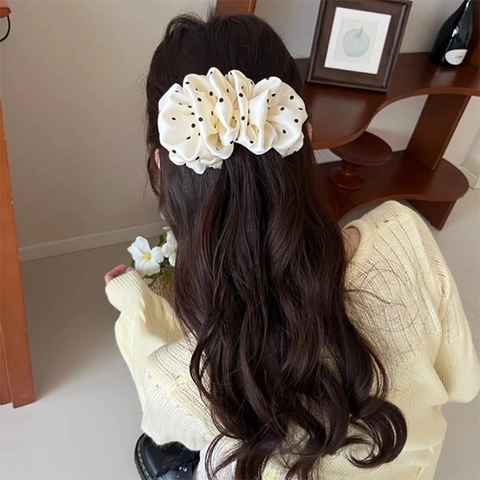 Korean Style Polka Dot Floral Cloth Fabric Banana Clip Elegant Volume Boosting Twisted Hair Clip Ponytail Holder For Women