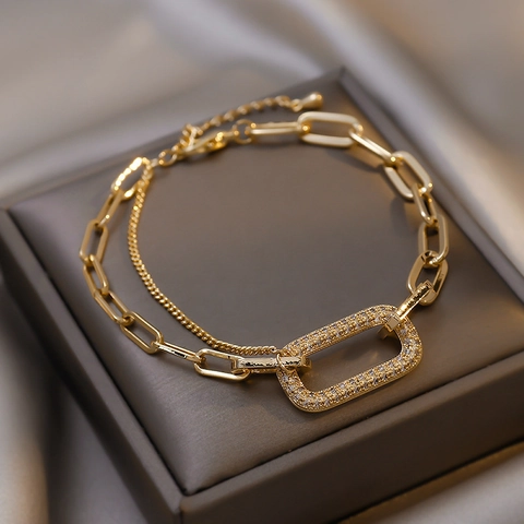 French Light Luxury Alloy Zircon Bracelet Geometric Square Rectangular Link Double Layer Adjustable Jewelry For Women