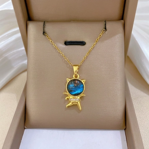 Collier Pendentif Chat Ciel Étoilé Acier Inoxydable Chaîne Titane Motif Galaxie Bleue Cuivre Micro Incrusté Zircon Bijoux Pour Femmes