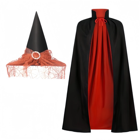 Set Costume Halloween Mantello Mago Strega Con Cappello A Punta Mantella Collo Alto Doppia Faccia Raso Pizzo