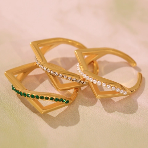 Stainless Steel Geometric Open Rings For Women Golden Zircon Shell Artificial Pearl Adjustable Light Luxury Cross Finger Jewelry