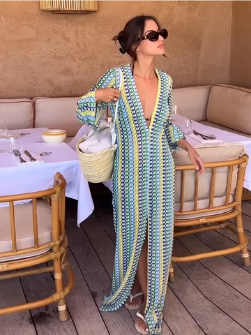 Bohemian Crochet Knit Maxi Dress Long Sleeve Deep V Neck Geometric Color Block Beach Vacation Slit For Women