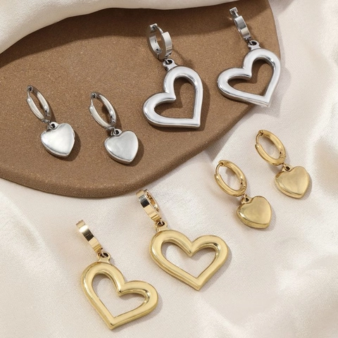 Heart Shape Pendant Hoop Earrings Stainless Steel Polished Gold Silver Tone Retro Minimalist Jewelry For Women