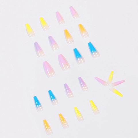 Press On Nails Long Coffin Shape Gradient Rainbow Colors Full Cover Artificial False Nails Glossy Simple Style Manicure