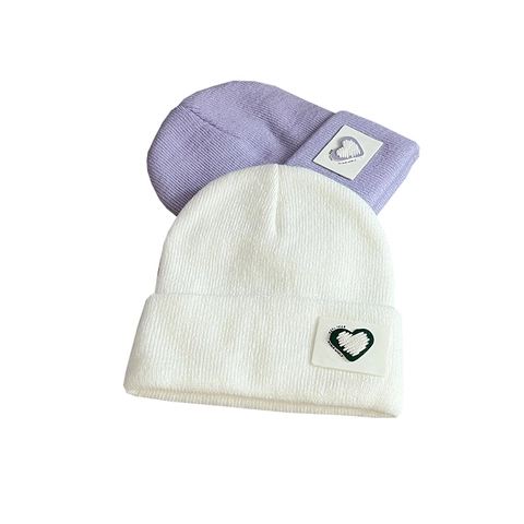 Kids Knitted Beanie Hat Acrylic Heart Patch Winter Warm Solid Color Soft Skull Cap For Boys Girls