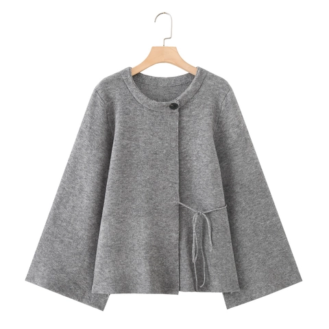 Damen Strickjacke Im Kimono Stil Schafkaschmir Mischung Mit Schlitzärmeln Und Bindegürtel Elegante Französische Strickmantel