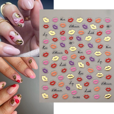 5D Reliëf Nagelkunst Stickers Sexy Lippen Goudfolie Zelfklevend Waterdicht Decals Engelse Woorden Decoratie