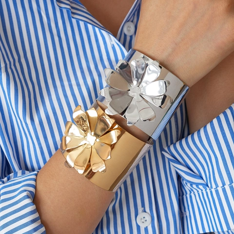 Flower Cuff Bracelet Exaggerated Metallic Iron Large Floral Open Adjustable High Shine Fashion Jewelry For Women