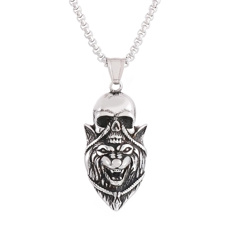 Collier Pendentif Tête De Lion Crâne Gothique Acier Inoxydable Bijoux Punk Rock Vintage Pour Hommes Style Halloween