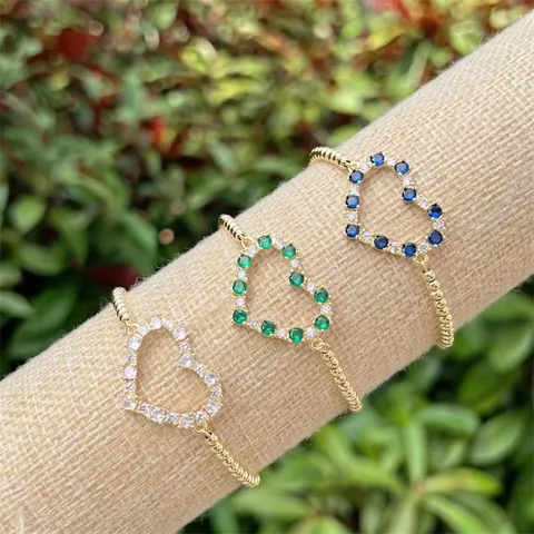 Heart Bracelet Copper 18K Gold Plated Colorful AAA+ Zircon Adjustable Slider Clasp Dainty Jewelry For Women Gift