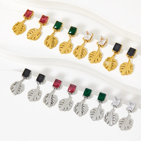 Monstera Leaf Dangle Earrings Stainless Steel Rectangular Zircon Tropical Geometric Nature Jewelry For Women