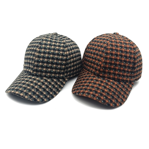 Houndstooth Tweed Baseball Cap Women Retro Plaid Curved Brim Adjustable Outdoor Warm Winter Sunshade Hat