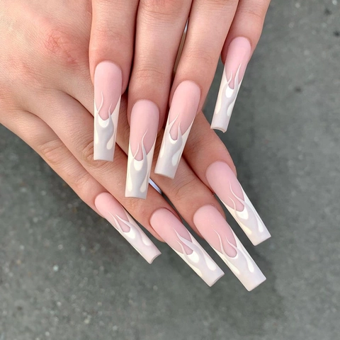 Uñas Postizas De Plástico Largas De Ataúd Gris Morandi Patrón De Llama Manicura Artificial Para Mujeres Brillo