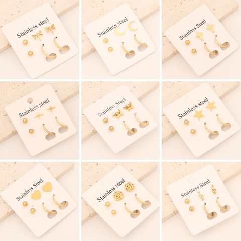 Stainless Steel Studs And Hoop Earrings Gold Plated Star Heart Cross Butterfly Flower Dragonfly Moon Music Note For Women