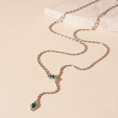 Collana Lunga A Y Forma Di Serpente Vintage Lega Strass Verdi Stile Smeraldo Catena A Bambù Gioielli Eleganti Da Donna