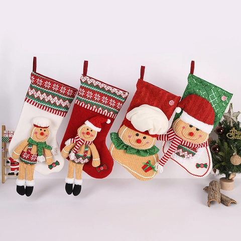 Weihnachtsstrumpf Dekoration Lebkuchenmann Hängender Geschenbbeutel Gestrickter Stoff Cartoon Feiertag Home Party Ornament