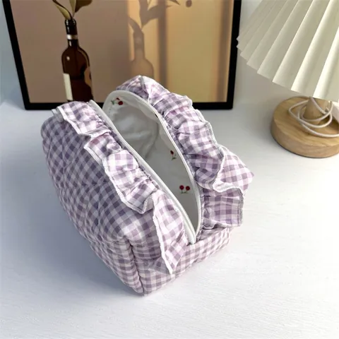 Korean INS Style Quilted Cotton Gingham Makeup Bag Large Capacity Travel Toiletry Organizer With Ruffle Cherry Floral Pattern