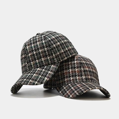 Retro Baseballkappe Mit Hahnentrittmuster Strukturierter Polyester Verstellbarer Gebogener Schirm Outdoor Hut