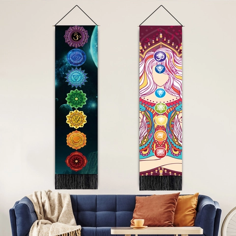 Arazzo Da Parete Meditazione Chakra Cotone Lino Verticale Yoga Quadro Appeso Con Nappe Stile Boho Decor