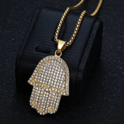 Hamsa Hand Anhänger Kette Strass Edelstahl Fatima Hand Hip Hop Schmuck Herren Damen