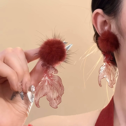 Hohl Goldfisch Pom Pom Hängeohrringe Rot Metall Fisch Vintage New Chinese Style Schmuck Für Damen Mit Silbernem Ohrstecker