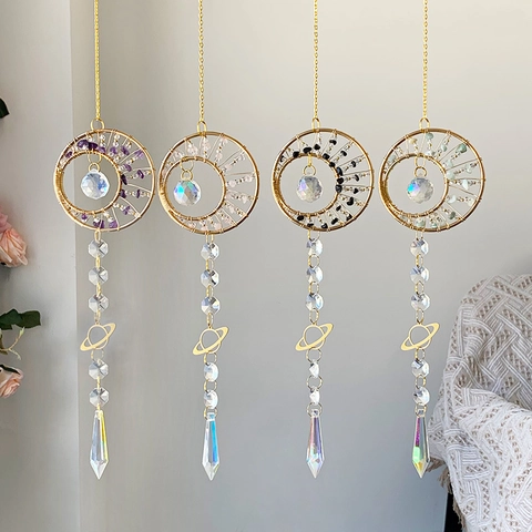 Crystal Sun Catcher Wind Chime Metal Crescent Moon Saturn Charm Prism Ball Window Garden Home Hanging Decoration