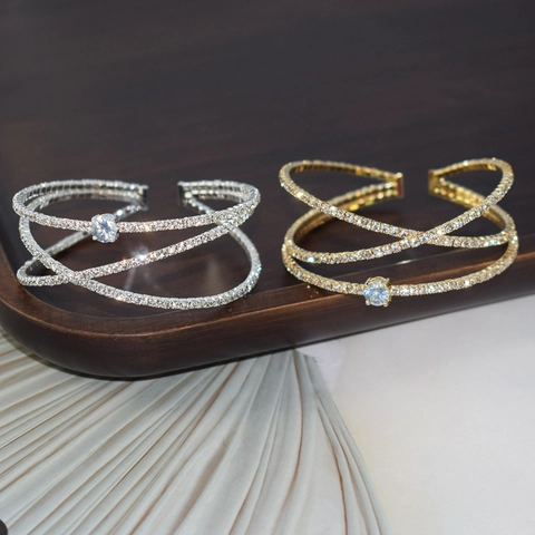 Luxury Rhinestone Zircon Cross Open Bangle Bracelet For Women Wedding Party Elegant Iron Alloy Jewelry