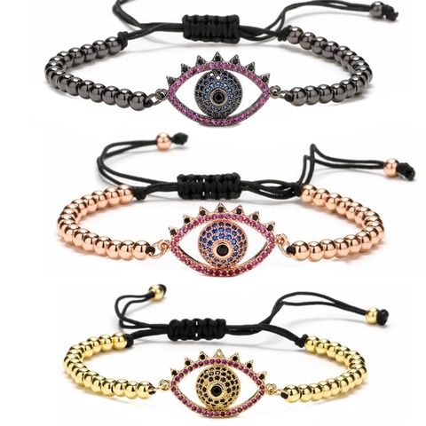 Evil Eye Armband Kupfer Micro Pave Zirkonia Verstellbares Gewebtes Seil Perlen Schmuck