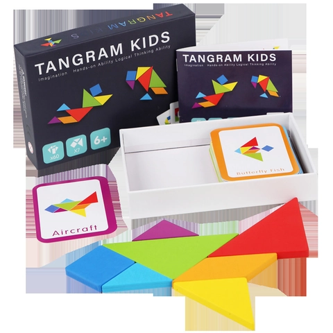 Wooden Colorful Tangram Puzzle Kids Educational Geometric Shapes Learning Toy Challenge Cards Instruction Manual