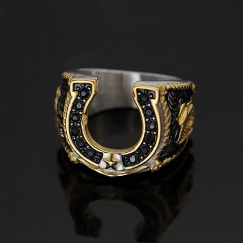 Horseshoe Cowboy Boots Ring 316 Stainless Steel Western Style Two-Tone Gold Silver Black Rhinestone Star For Men