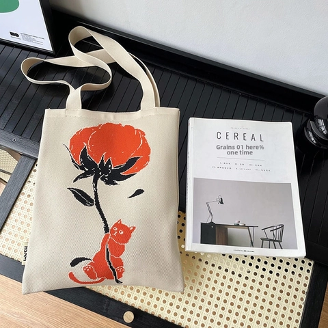 Gestrickte Einkaufstasche Polyester Große Kapazität Cartoon Katze Blumenmuster Jacquard Lässige Handtasche Damen