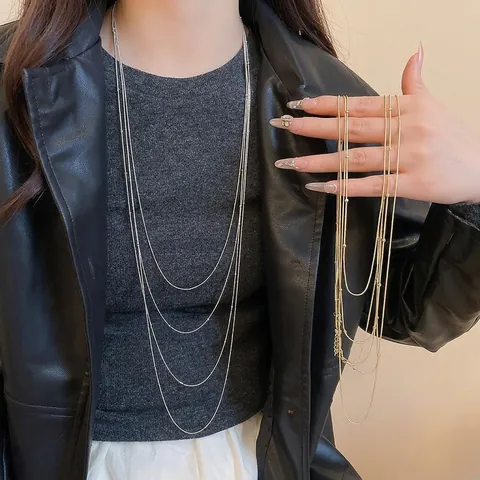 Collier Long Multicouche En Cuivre Minimaliste Pour Femmes Style Coréen Chaîne De Pull Haut De Gamme Avec Perles En Métal