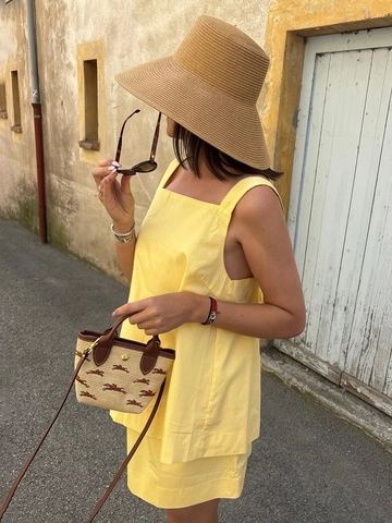 Top Con Spalline E Minigonna Da Donna Puro Cotone Schiena Scoperta Grande Fiocco Estate Vacanza Casual Giallo Brillante