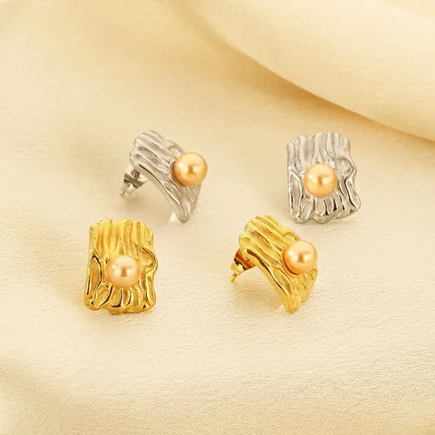 Orecchini A Lobo Quadrati Irregolari Texture Gualcita Acciaio Inossidabile Con Perla Artificial Di Conchiglia Retro Francese Elegante Donna