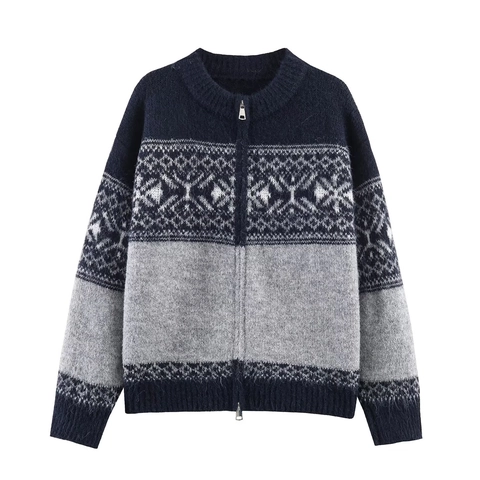 Women Vintage Fair Isle Geometric Jacquard Knit Zipper Cardigan Sweater Off White Navy Blue Coffee Warm Winter Top