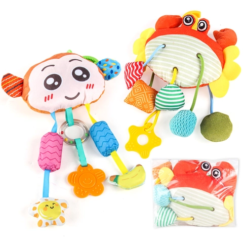 Baby Stroller Hanging Toy Plush Animal Sensory Rattle With Teething Ring For Car Seat Cotton Polyester Plastic Soothing