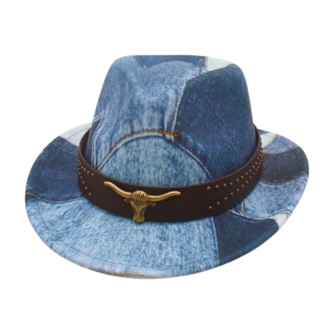 Kids Western Cowboy Fedora Hat Denim Print Fabric Cotton Polyester With Faux Leather Band Rivets Golden Bull Head Retro