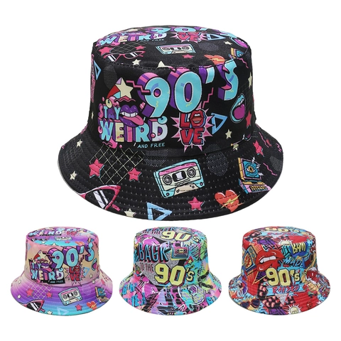 Retro Nineties Bucket Hat Polyester Graffiti Pop Art Print Reversible Sun Protection Streetwear Hip Hop Accessory