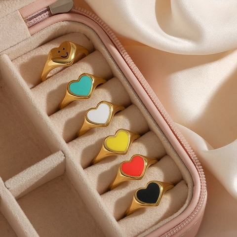 French Ins Style Stainless Steel Heart Enamel Smile Face Ring 18K Gold Plated Geometric Fashion Jewelry For Women Daily