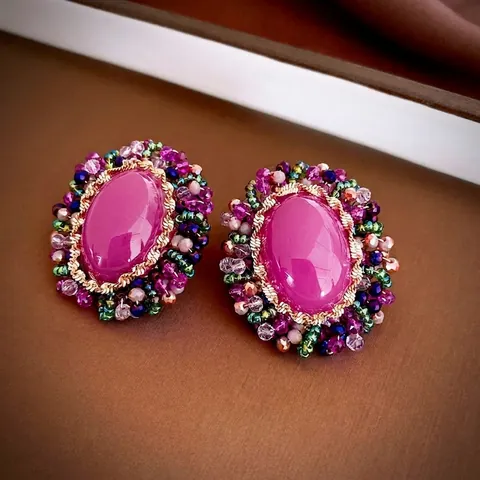 Pendientes De Botón De Flor De Cristal Ovalados Vintage Con Poste De Plata Aleación Joyería De Cuentas Coloridas Mujer
