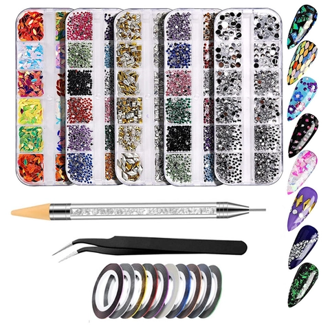 Nail Art Decoration Supplies Acrylic Rhinestones Glitter Foil Manicure Diy Design Professional Tools Dotting Pen Tweezers