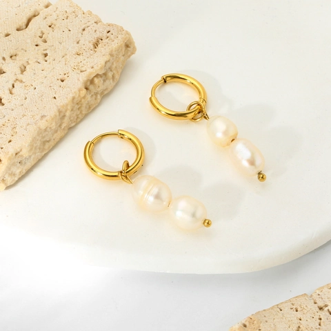 Stainless Steel 14K Gold Plated Double Baroque Freshwater Pearl Pendant Hoop Earrings For Women Elegant Jewelry Gift