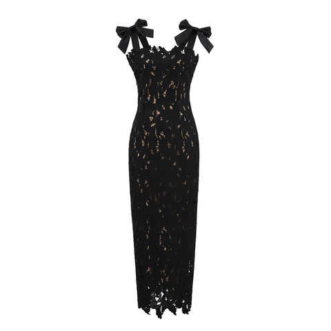 Elegant Lace Maxi Dress With Bow Shoulder Straps Slim Fit Sleeveless Backless Party Evening Bodycon For Women