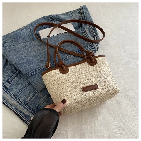 Sac à Épaule en Paille Tissée pour Femmes Été Sac à Main Décontracté avec Garniture en Cuir PU et Bandoulière Réglable Plage