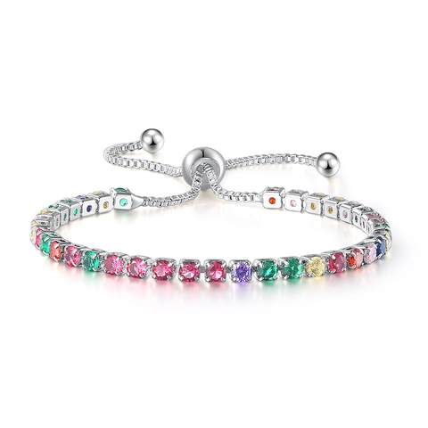 Lussuoso Bracciale Tennis in Lega Placcata Oro con Zirconia Chiusura Bolo Regolabile Pietre Arcobaleno Trasparenti Gioielli Regalo Donna